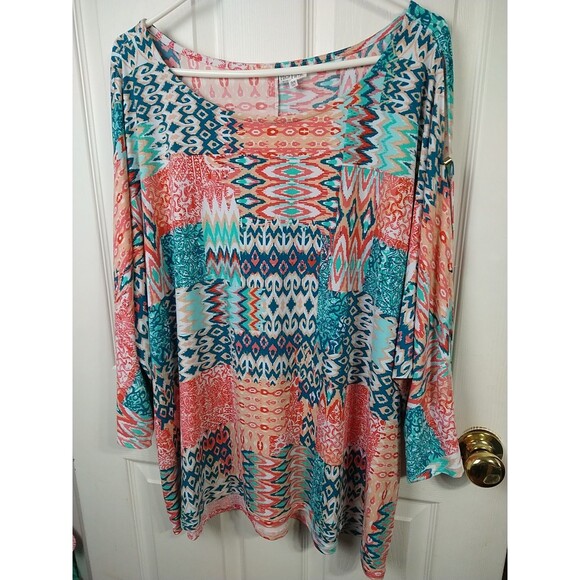 High Fifth Woman 3X Blouse Slit Gold Accent 3/4 Sleeve Western Patchwork... - Picture 2 of 9